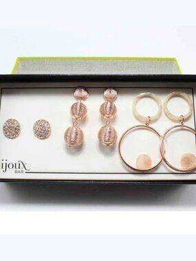 Bijoux Bar 3 Pair Rose Gold Tone Earrings Posts & Drops Crystal & MOP Box M654